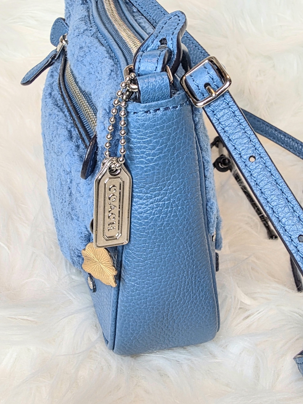 Coach Rhyder Shearling & Pebble Leather Crossbody Bag In Blue  Style #36490 - Picture 9 of 11